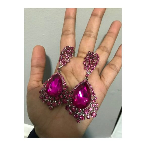 Dark pink earring Fuchsia crystal magenta teardrop earrings pink long earring - Picture 2 of 9